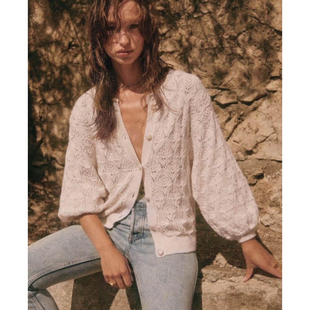 Women's Cream Openwork Button-Up Sweater Cardigan